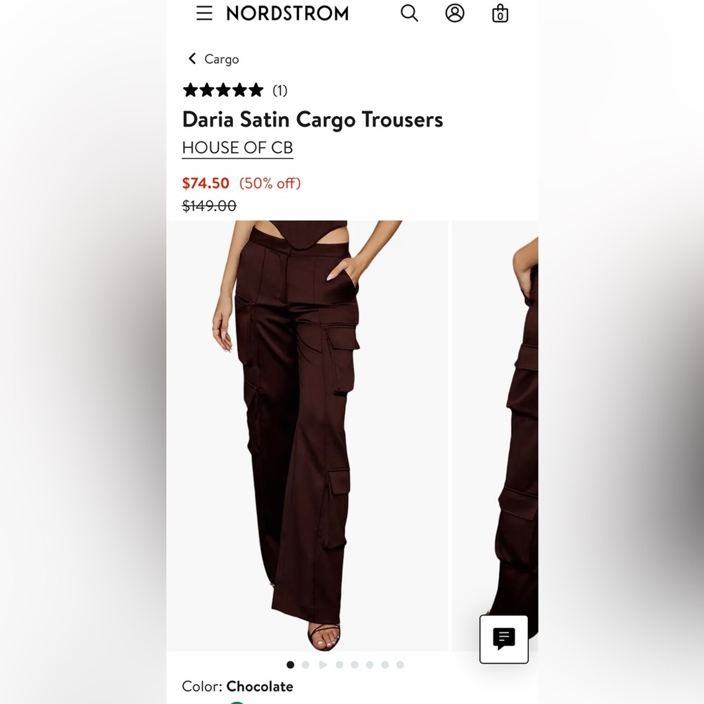 House of CB daria satin Brown Cargo Trousers wide leg Nordstrom xsmall 0-2 size